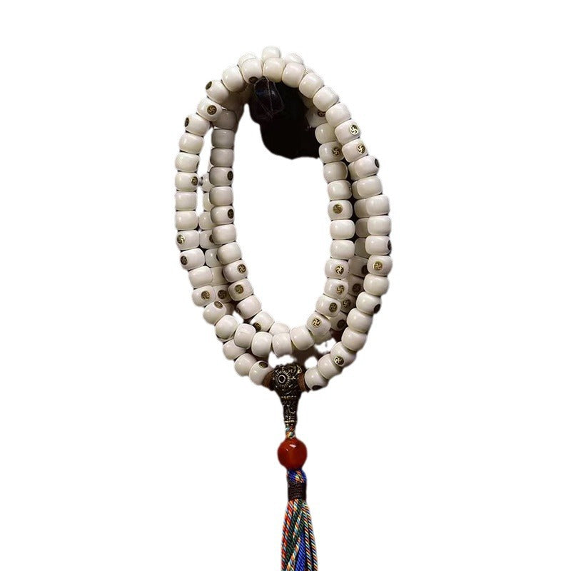 EverestArtstudios Natural Yak Bone Antique Copper Auspicious Wan 108-Bead Mala