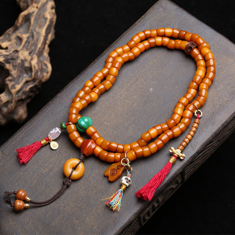EverestArtstudios Bone 108-Bead Mala with Agate and Safety Ring Accents