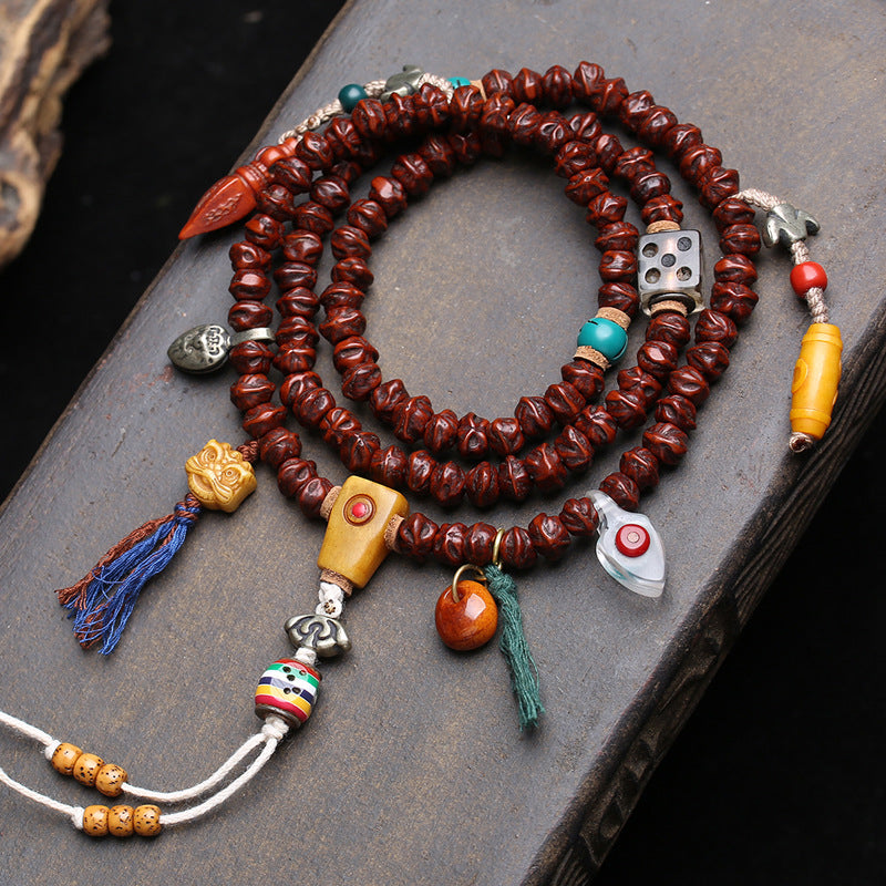 EverestArtstudios Bodhi Seed 108-Bead Mala with Dzi-Style and Vajra Motif Accents