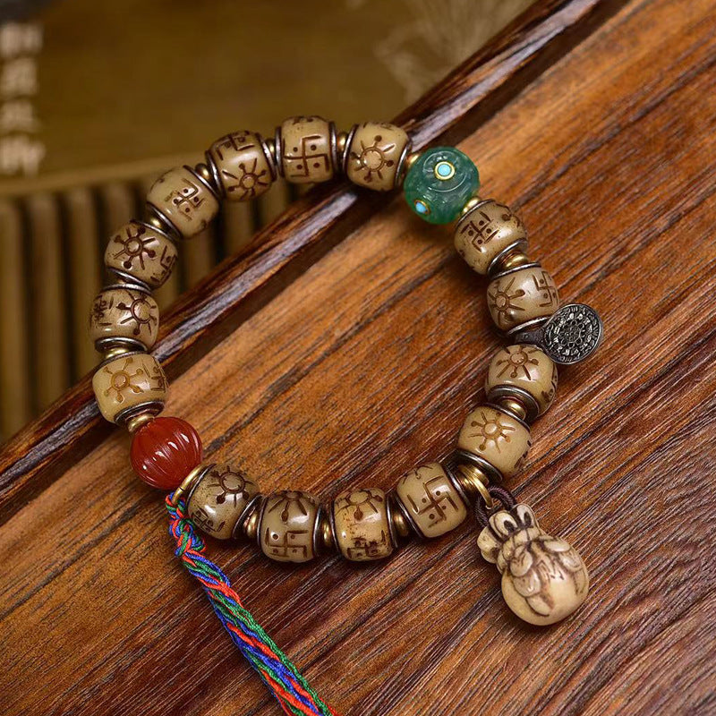 EverestArtstudios Bone Engraved Barrel Bead Inlay Bracelet