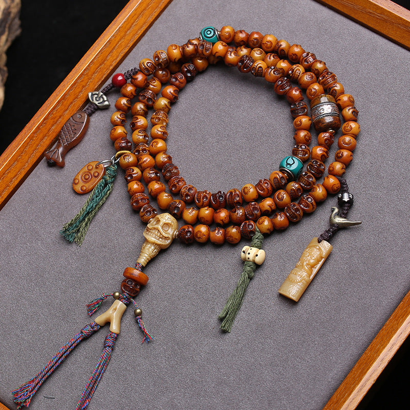 EverestArtstudios Carved Camel Bone 108-Bead Mala with Yak Bone and Agate Accents