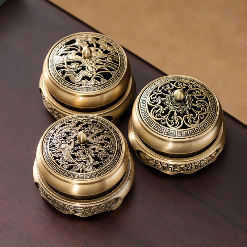 Creative retro alloy flat-bottomed incense burner, dragon and phoenix plate incense burner, golden lotus seal aromatherapy burner, incense road ornament, household incense burner
