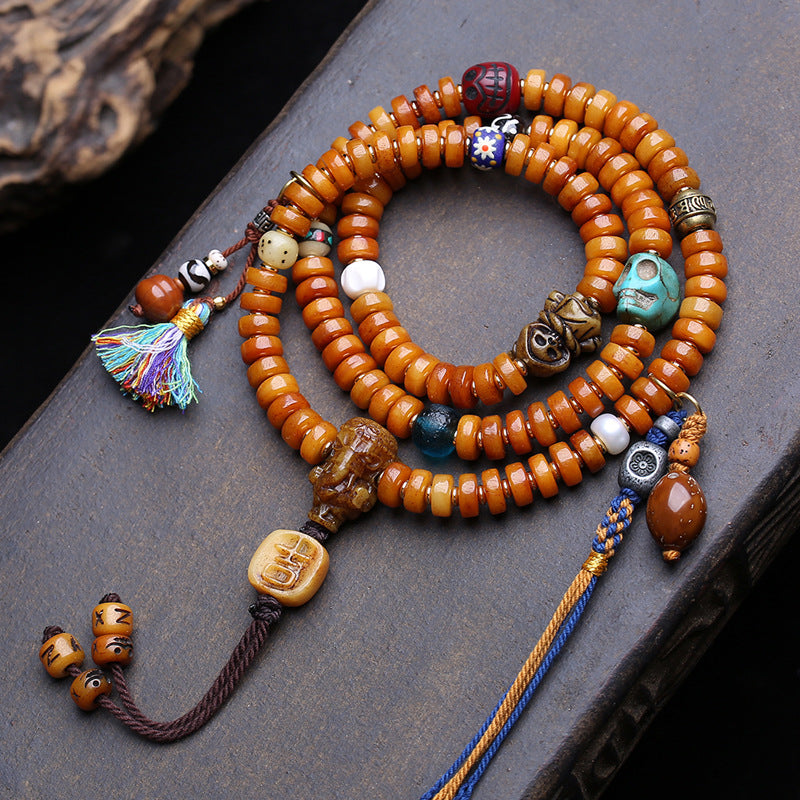 EverestArtstudios Yak Bone 108-Bead Mala with Camel Bone and Elephant Motif Accents