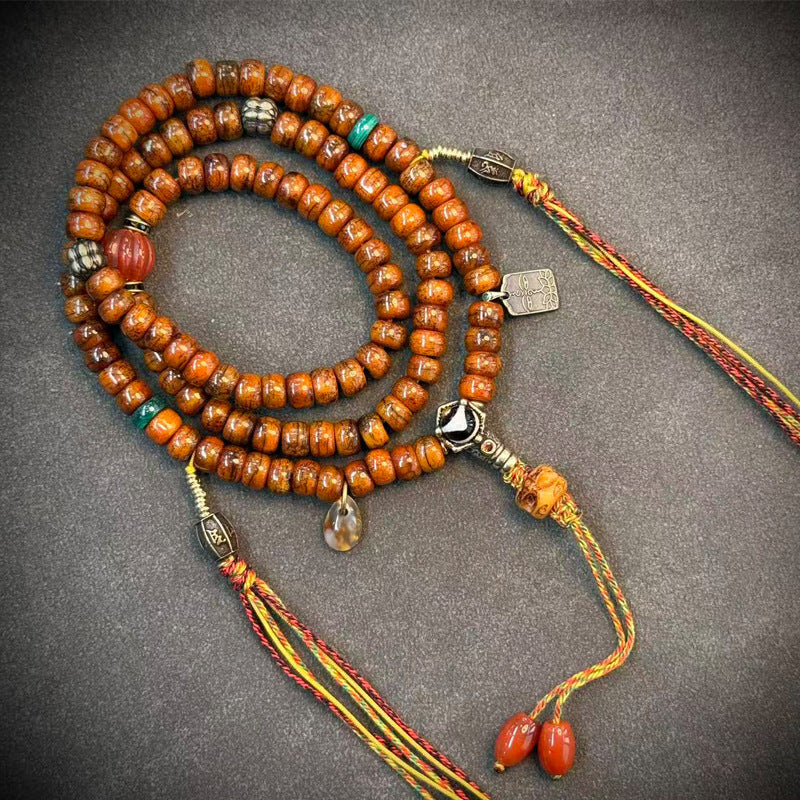 EverestArtstudios Tibetan Vintage Yak Bone 108-Bead Mala with Agate and Glass Accents
