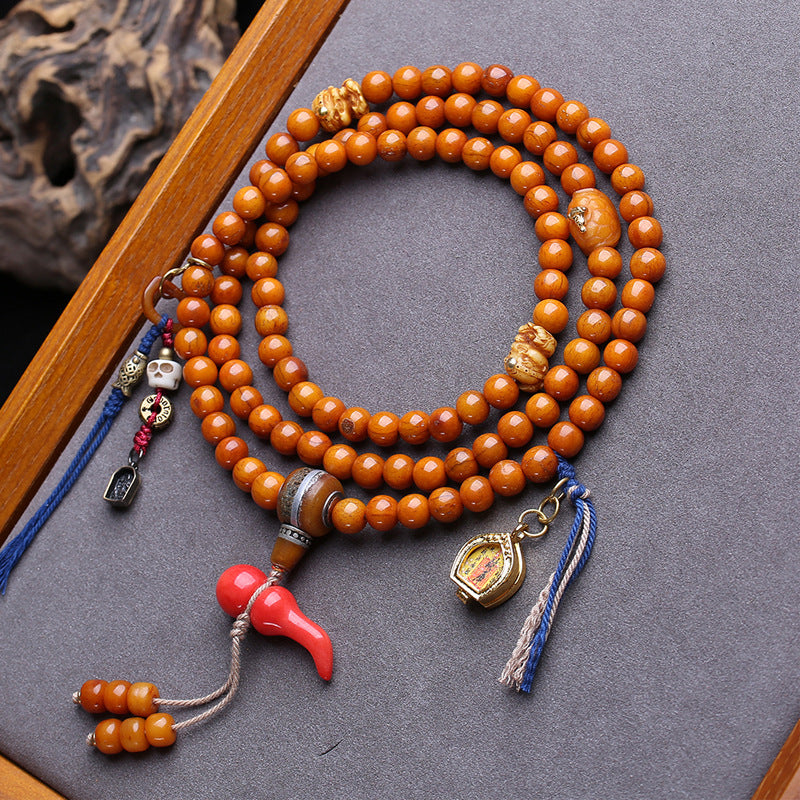 EverestArtstudios Camel Bone 108-Bead Mala with Thangka-Style Ghau Pendant