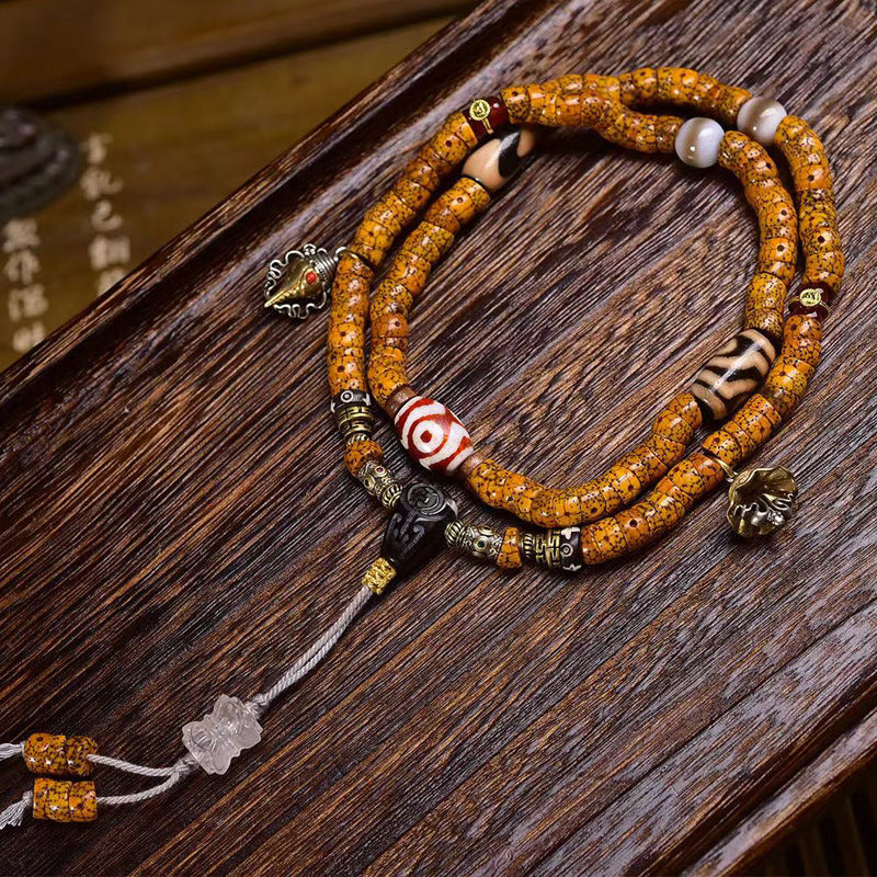 EverestArtstudios Natural Xingyue Bodhi Disc-Bead 108-Bead Mala with Agate and Dzi Accents