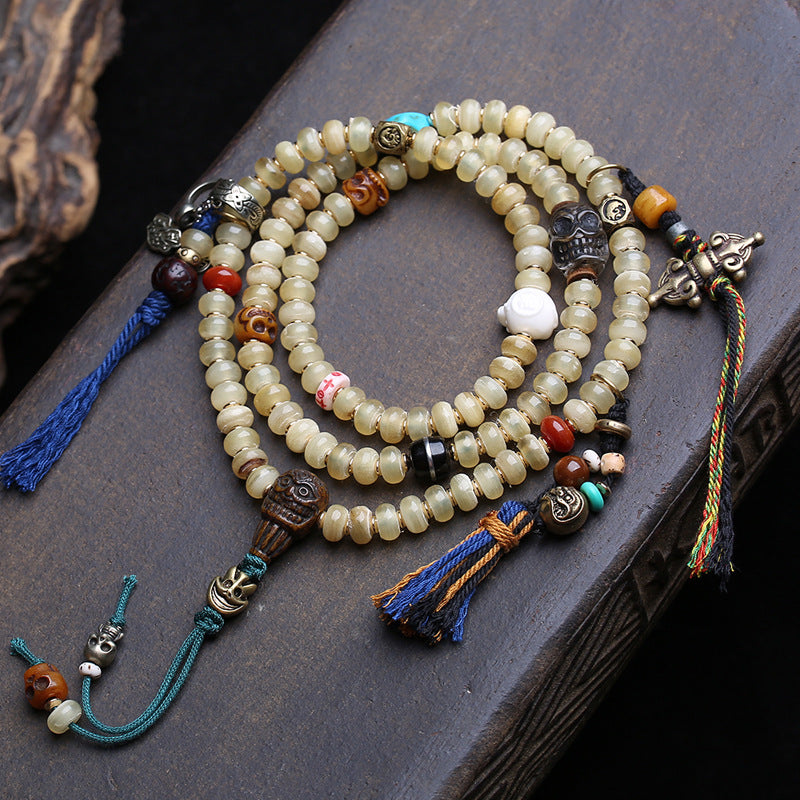 EverestArtstudios Bamboo-Pattern 108-Bead Mala with Carved Charms and Tassels