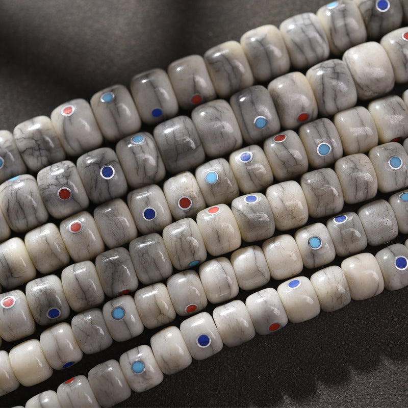 EverestArtstudios Aged Camel Bone Inlaid Multi-Treasure 108-Bead DIY Strand