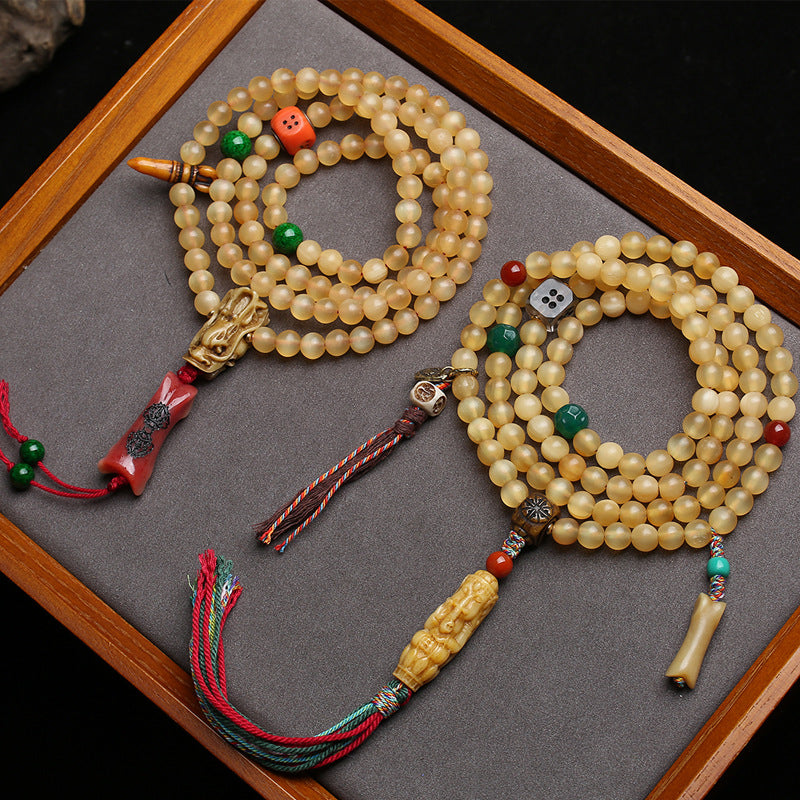 EverestArtstudios 108-Bead Mala with Agate and Bone Accents
