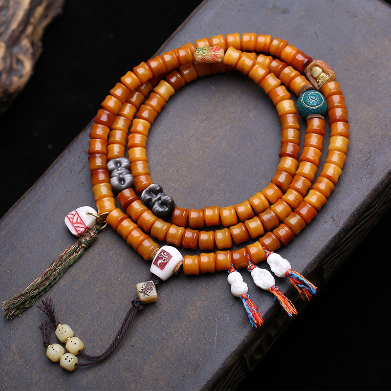 EverestArtstudios Bamboo-Carved Yak Bone 108-Bead Mala with Obsidian Accents