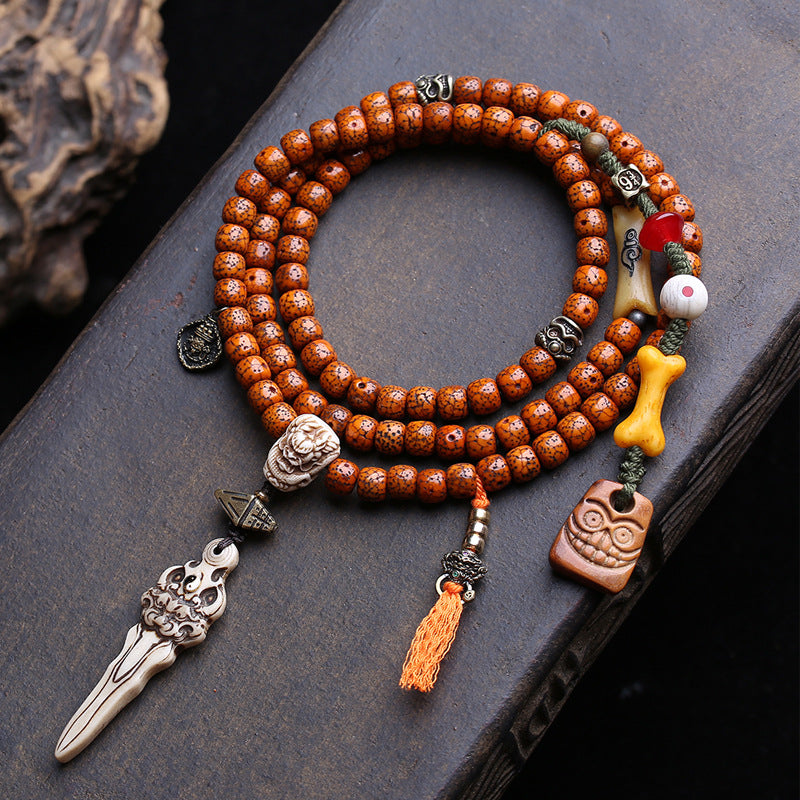 EverestArtstudios Xingyue Bodhi 108-Bead Mala with Yak Bone and Dragon Motif Accents