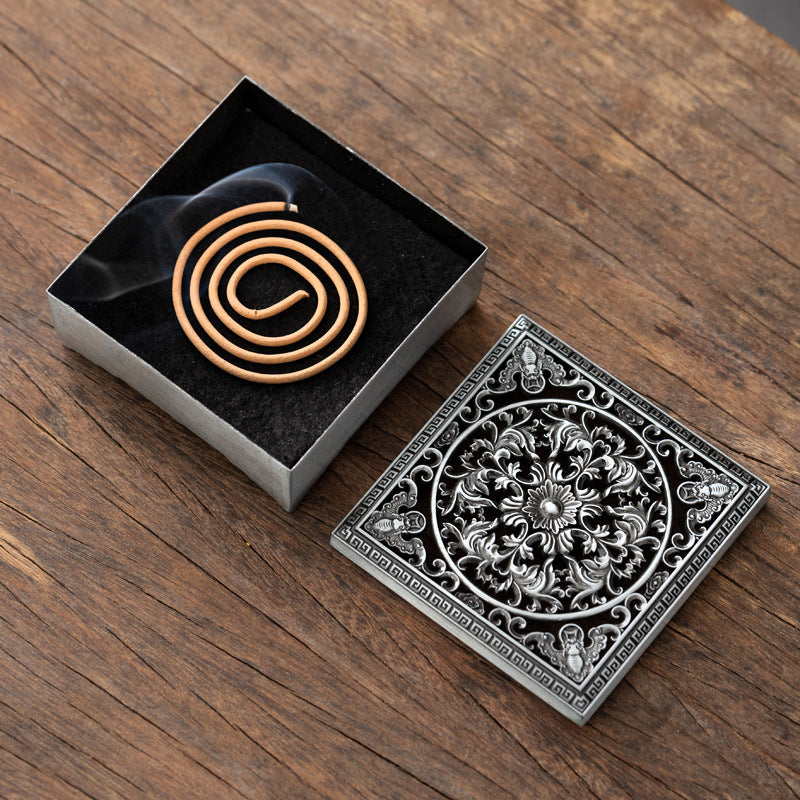 Chinese retro hollow rolled square plate incense box Zen aromatherapy stove household indoor creative sandalwood tea ceremony ornament