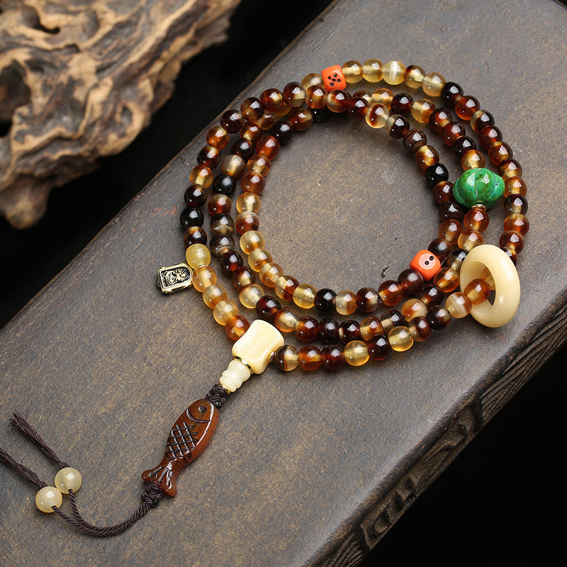 EverestArtstudios Golden Armor 108-Bead Mala with Bone and Dice Accents