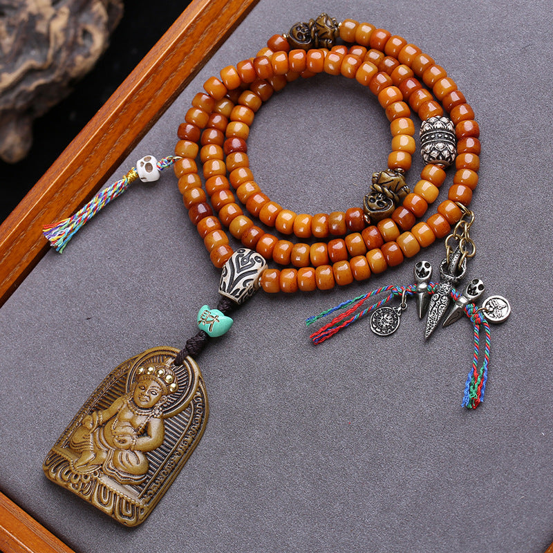 EverestArtstudios Yak Bone 108-Bead Mala with Wealth Deity Pendant and Camel Bone Accents