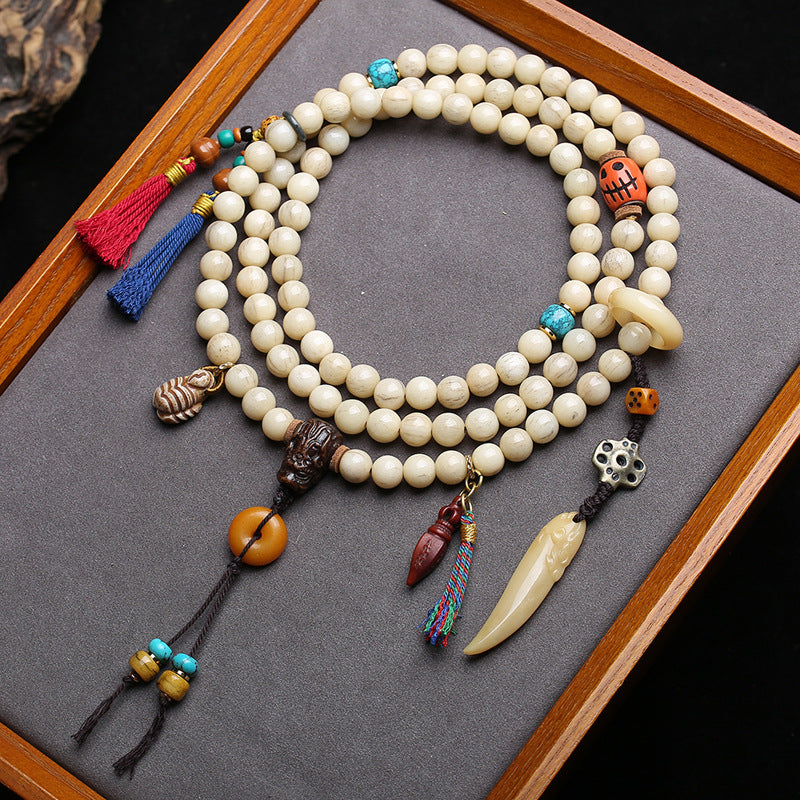 EverestArtstudios Bone 108-Bead Mala with Safety Ring and Vajra Motif Charms