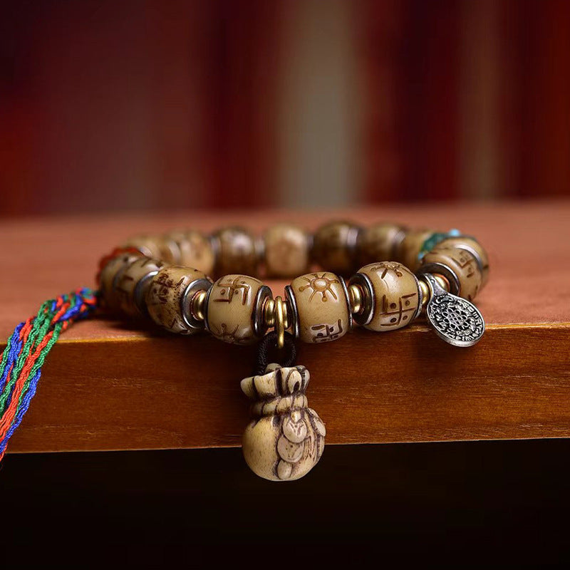EverestArtstudios Bone Engraved Barrel Bead Inlay Bracelet