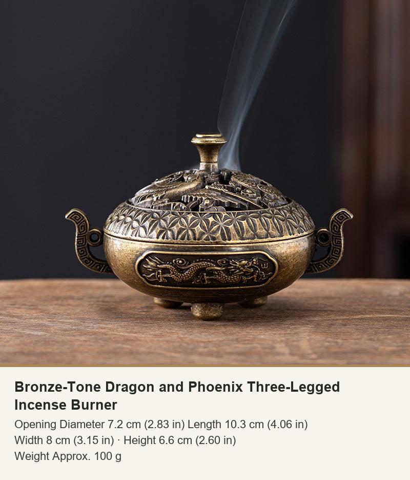 Bronze-Tone Dragon and Phoenix Three-Legged Incense Burner