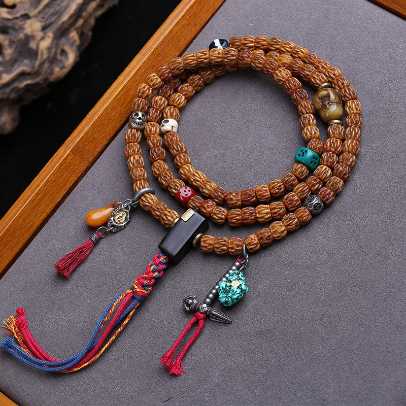 EverestArtstudios Carved Yak Bone 108-Bead Mala with Camel Bone and Sandalwood Accents