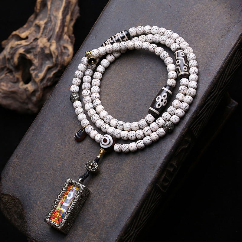 EverestArtstudios Xingyue Bodhi 108-Bead Mala with Two-Eye Dzi-Style Agate and Ghau Pendant