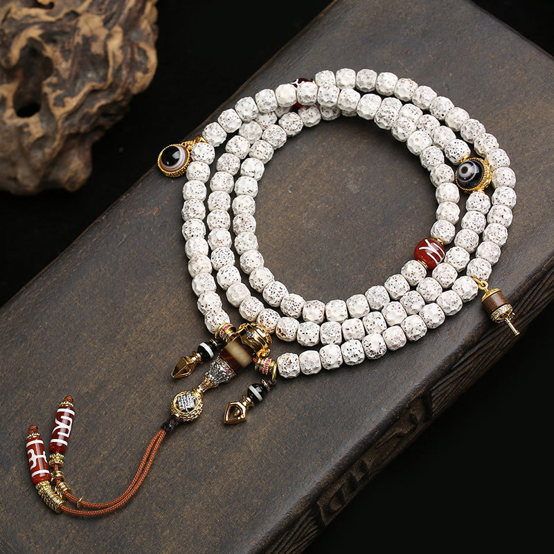 EverestArtstudios Carved Xingyue Bodhi 108-Bead Mala with Dzi-Style Agate Accents