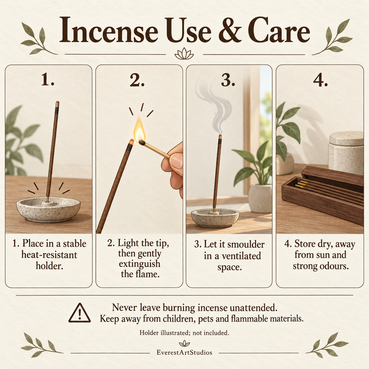 Incense stick use and care; holder illustration only
