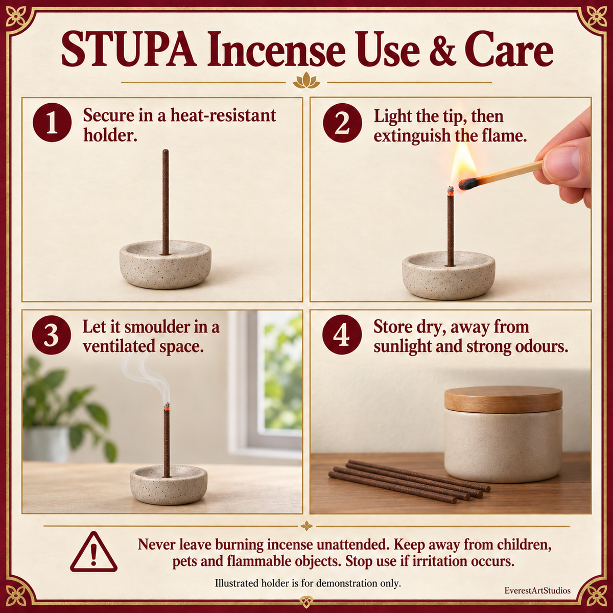 STUPA incense use and care; holder illustration only