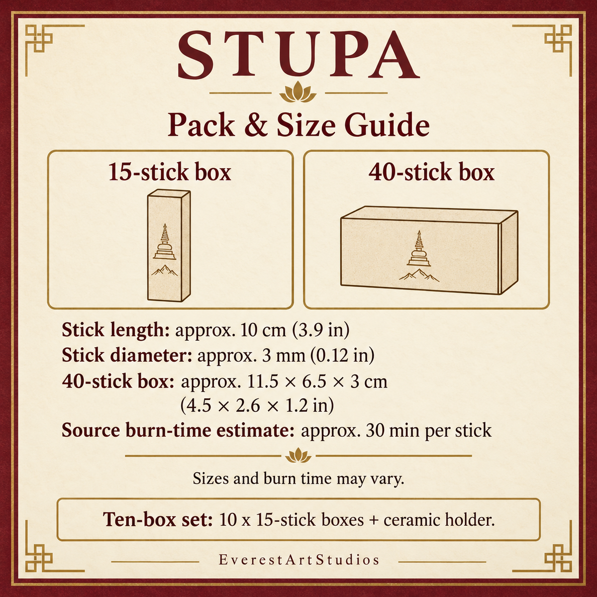 STUPA 15 and40stick pack sizes; approximate dimensions