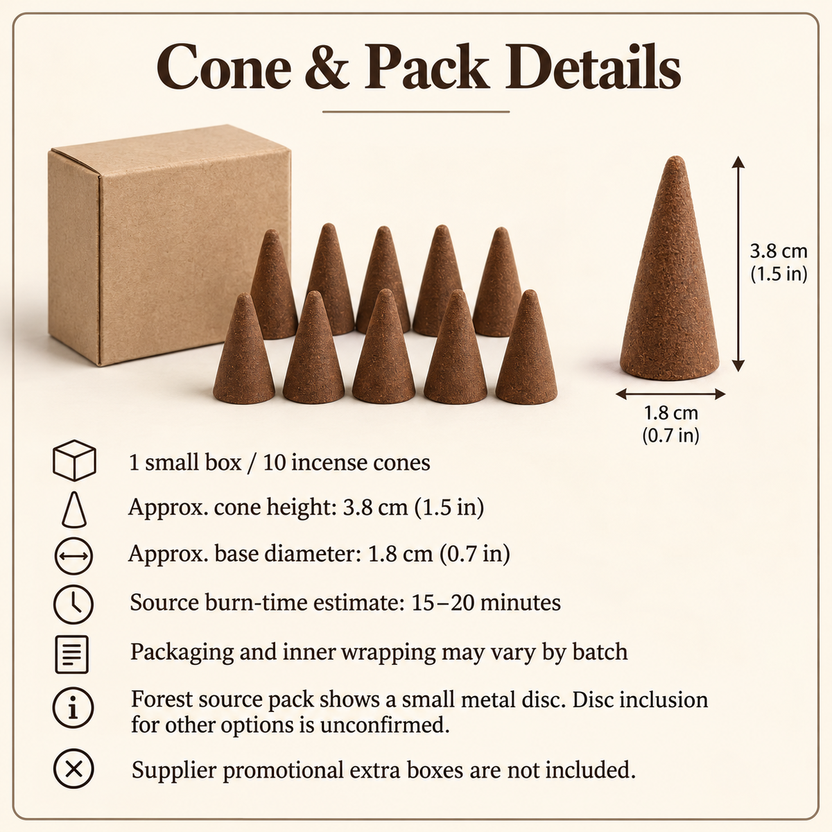 HEM 10cone pack and approximate size; disc inclusion unconfirmed except Forest