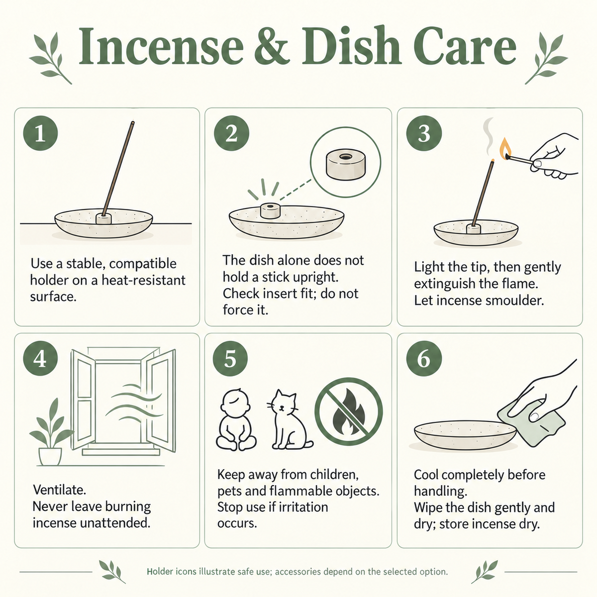 Incense and ceramic dish use and care; holder icons illustrative