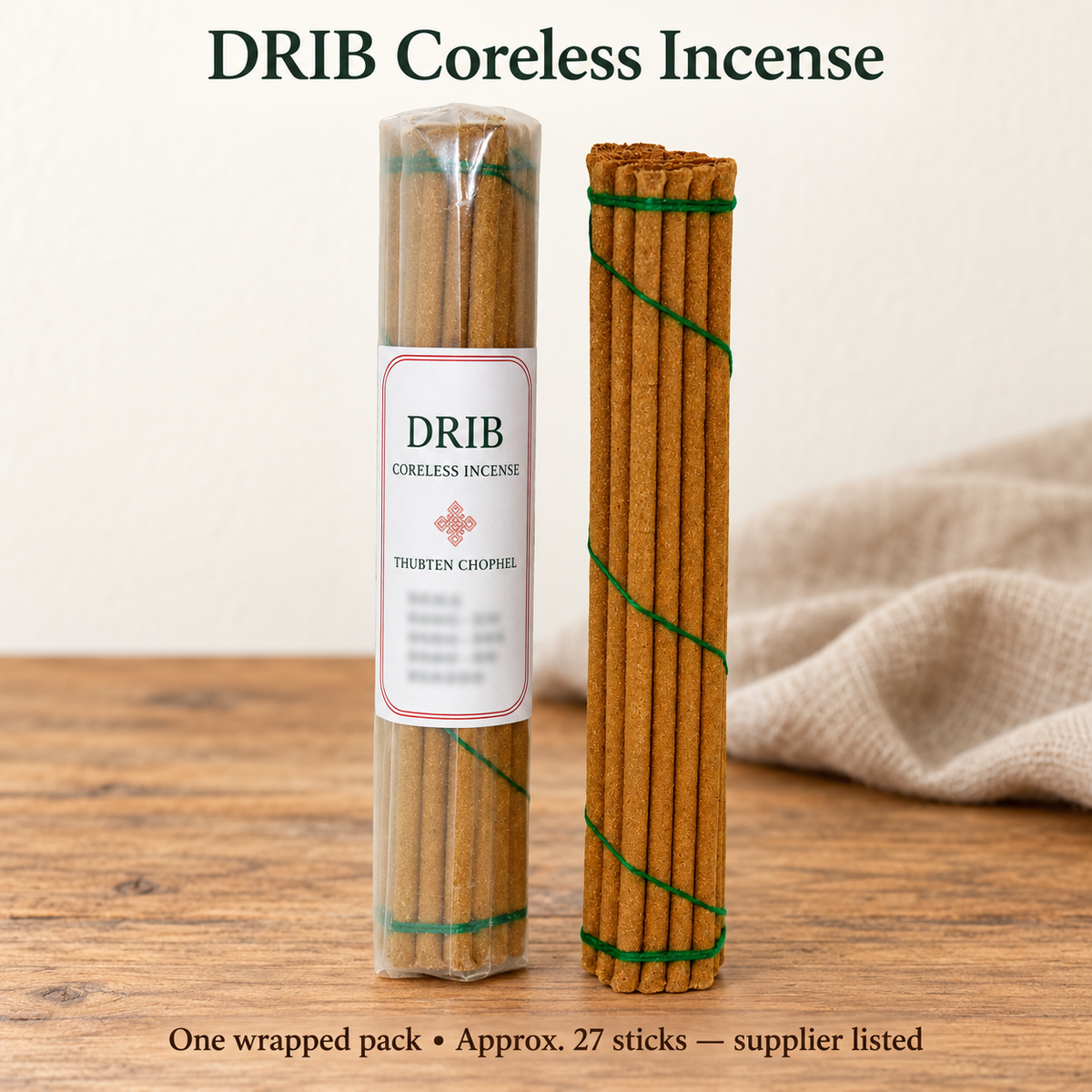 DRIB incense wrapped pack with unwrapped contents shown, one supplier-listed approximately 27-stick pack
