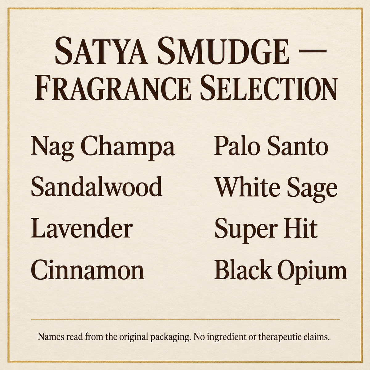 Satya smudge fragrance guide | English information guide
