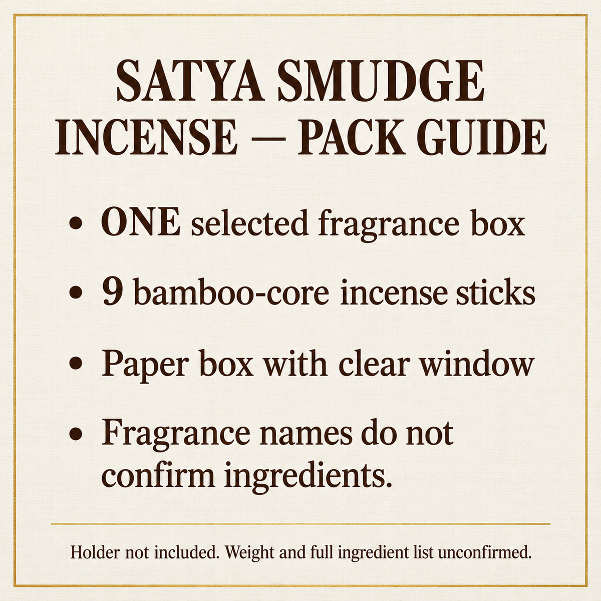 Satya smudge packaging and material guide | English information guide