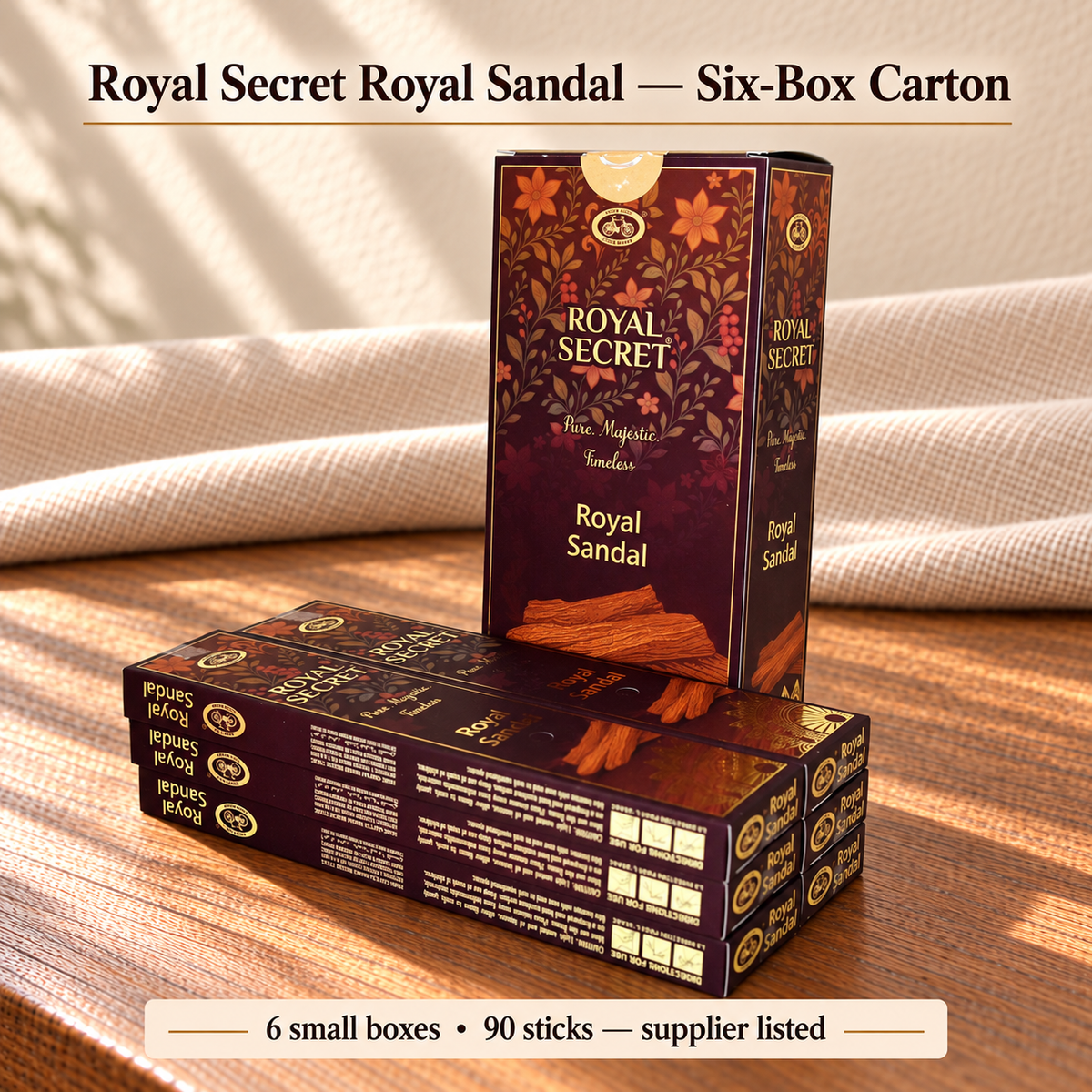 Royal Secret Royal Sandal — Six-Box Carton — Six small boxes • 15 sticks each • 90 total — supplier listed