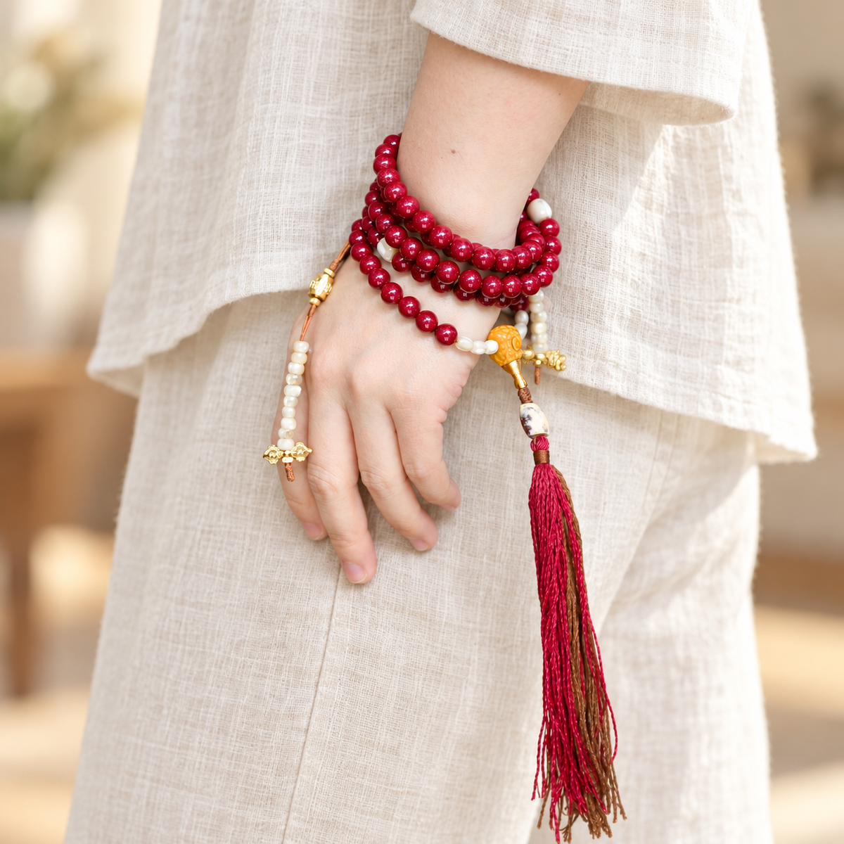 13 wrist — red cinnabar composite 108-bead mala