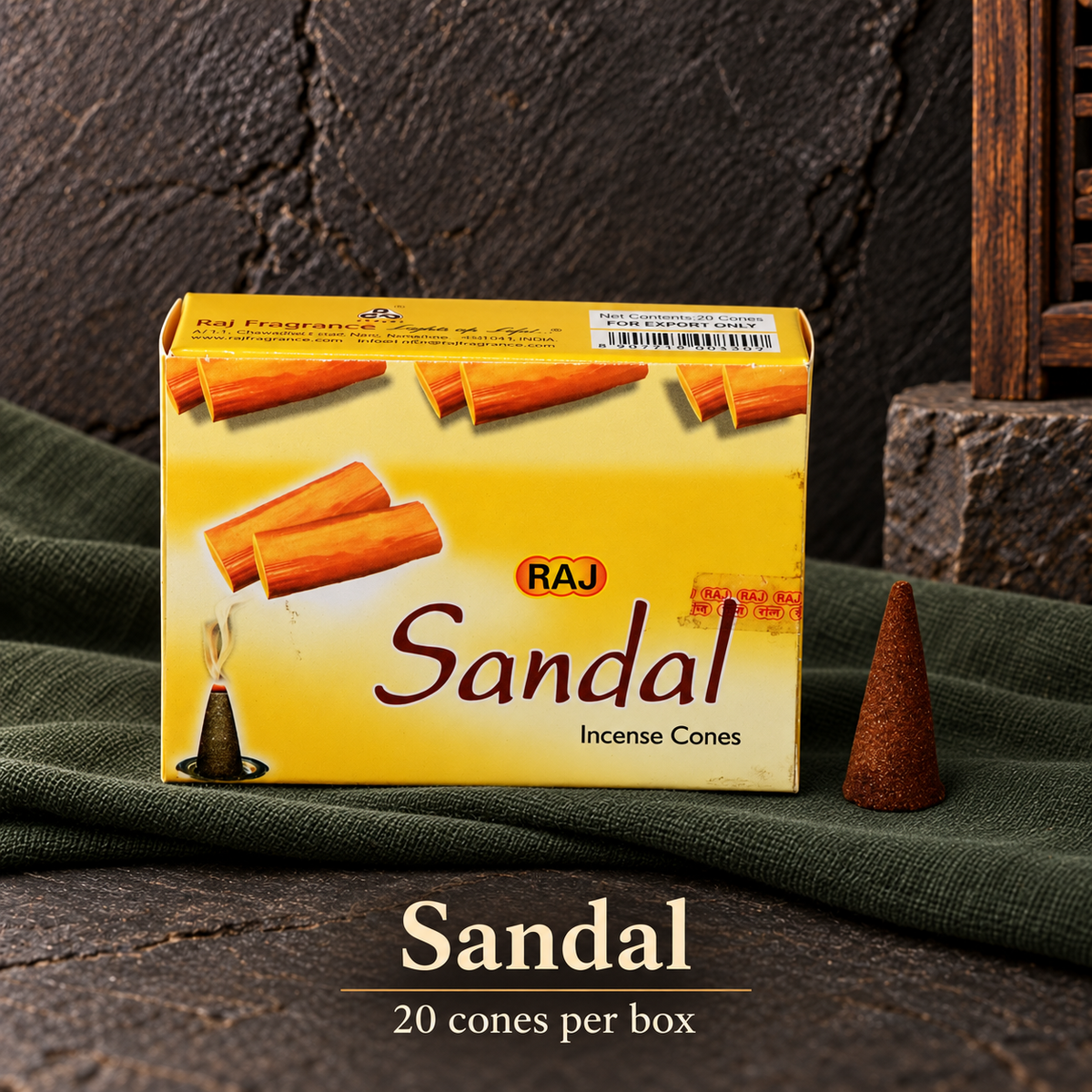 Sandal — 20 cones — original RAJ cone incense packaging