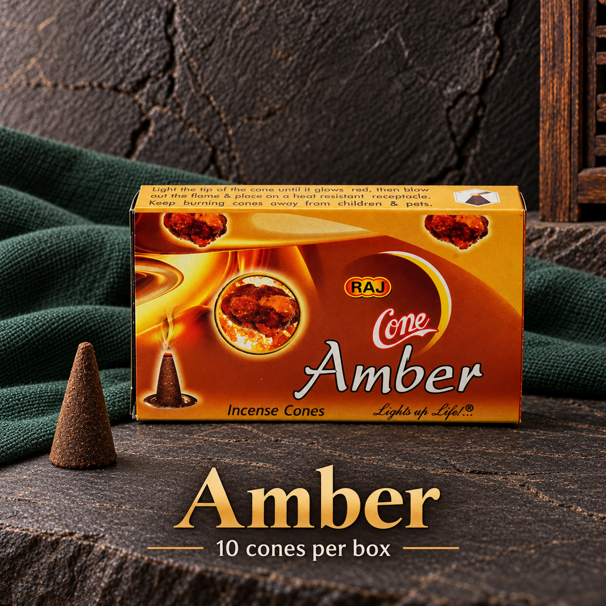 Amber — 10 cones — original RAJ cone incense packaging