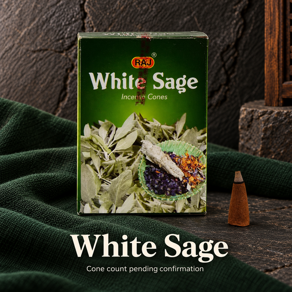 White Sage — count pending confirmation — original RAJ cone incense packaging