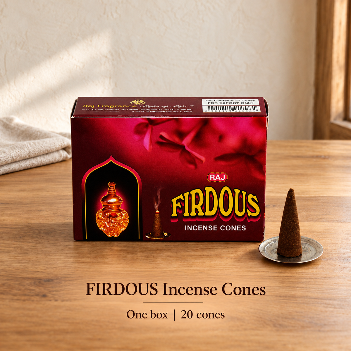 FIRDOUS incense cones — one 20-cone box with simple dish