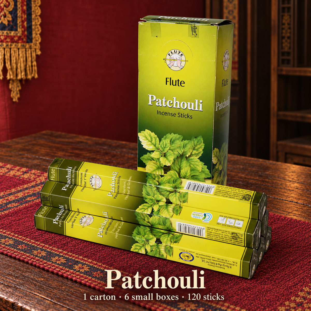 Flute Patchouli — carton of 6 small boxes / 120 sticks