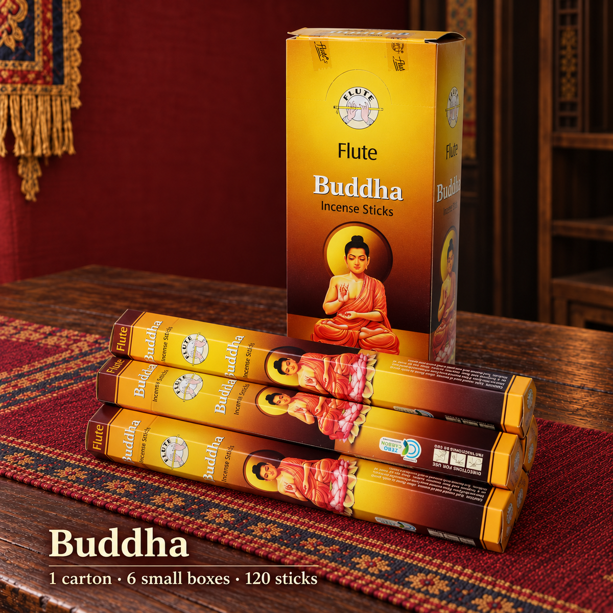 Flute Buddha — carton of 6 small boxes / 120 sticks