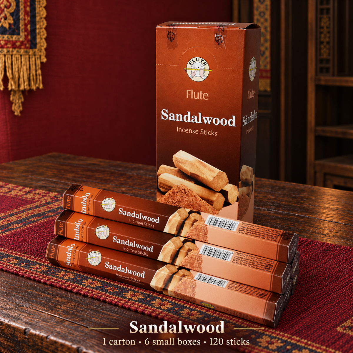 Flute Sandalwood — carton of 6 small boxes / 120 sticks