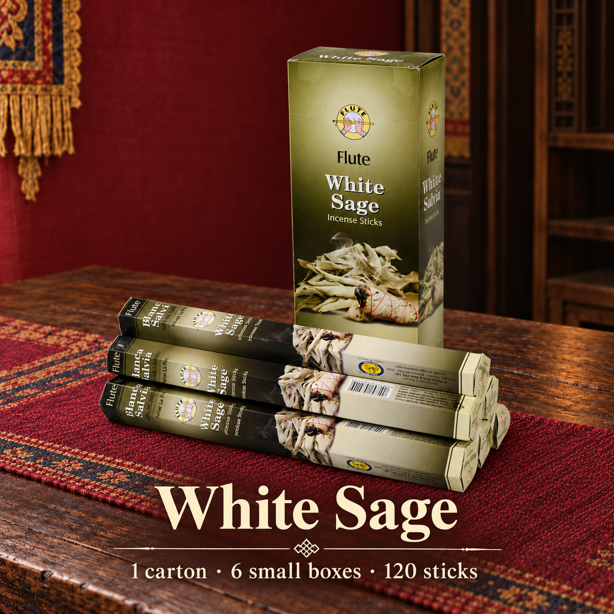 Flute White Sage — carton of 6 small boxes / 120 sticks