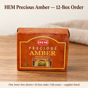 One HEM Precious Amber inner box shown; selected order is12 small boxes120cones