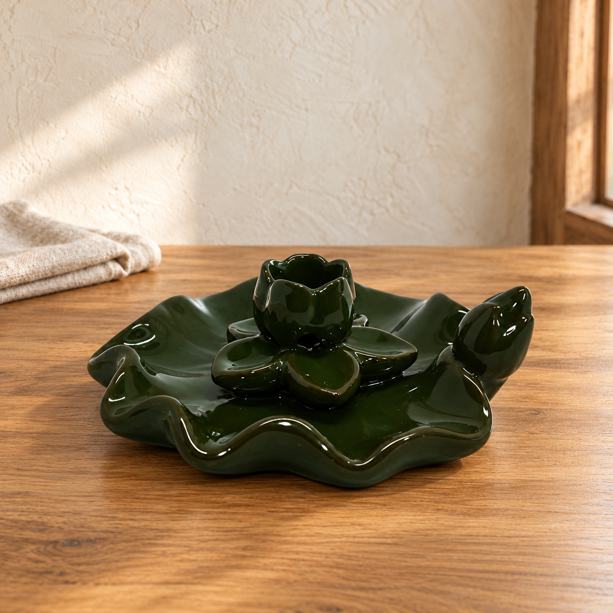 Deep green glazed ceramic lotus leaf backflow incense holder