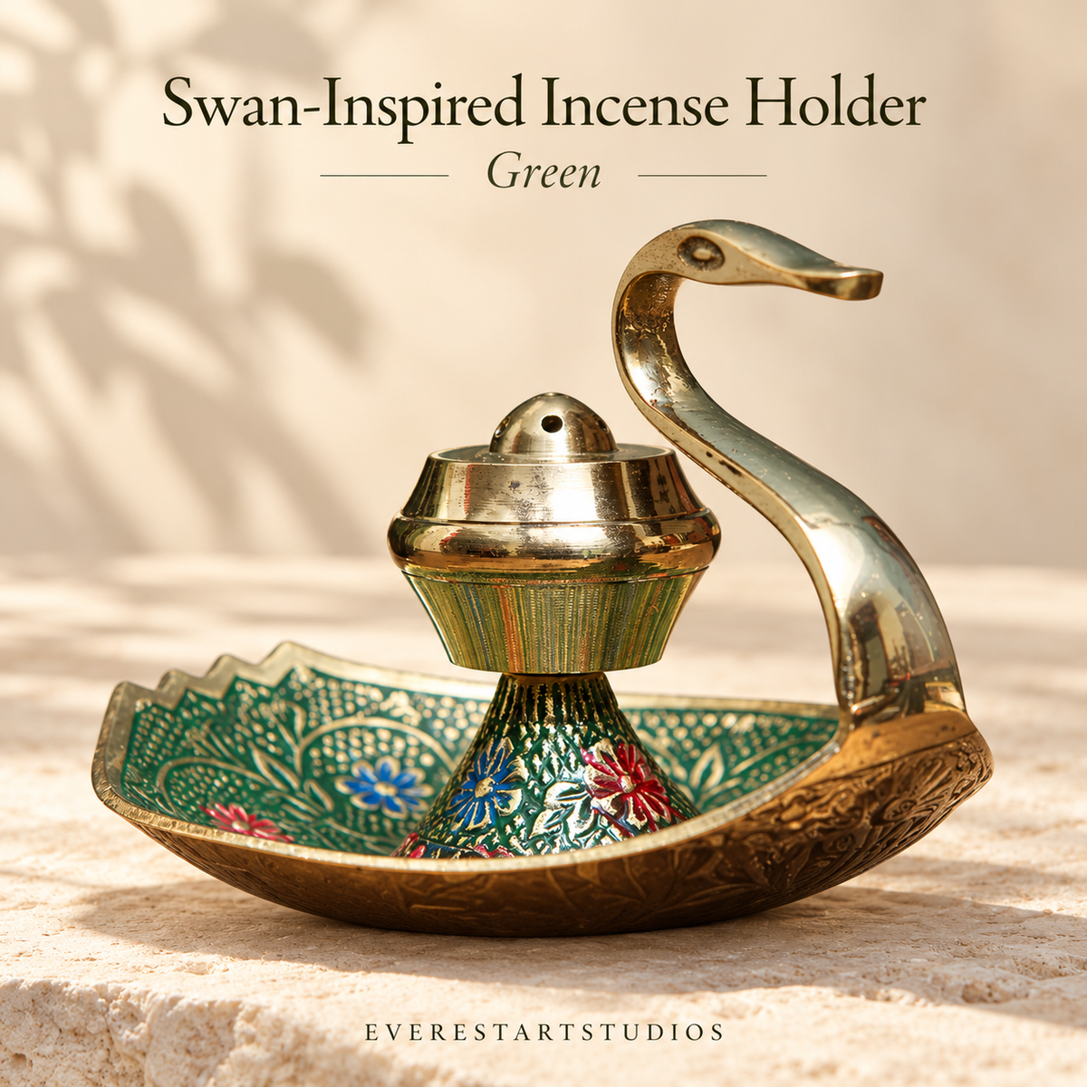 Swan-inspired incense holder, Green finish, holder only