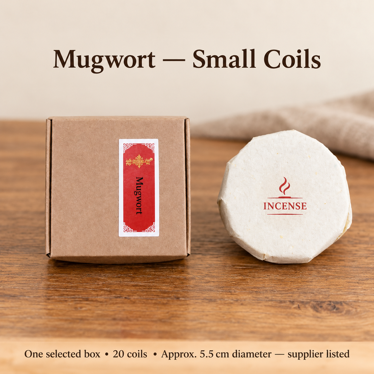 Mugwort Small20coil selected box; closed outer and paper wrapped inner shown