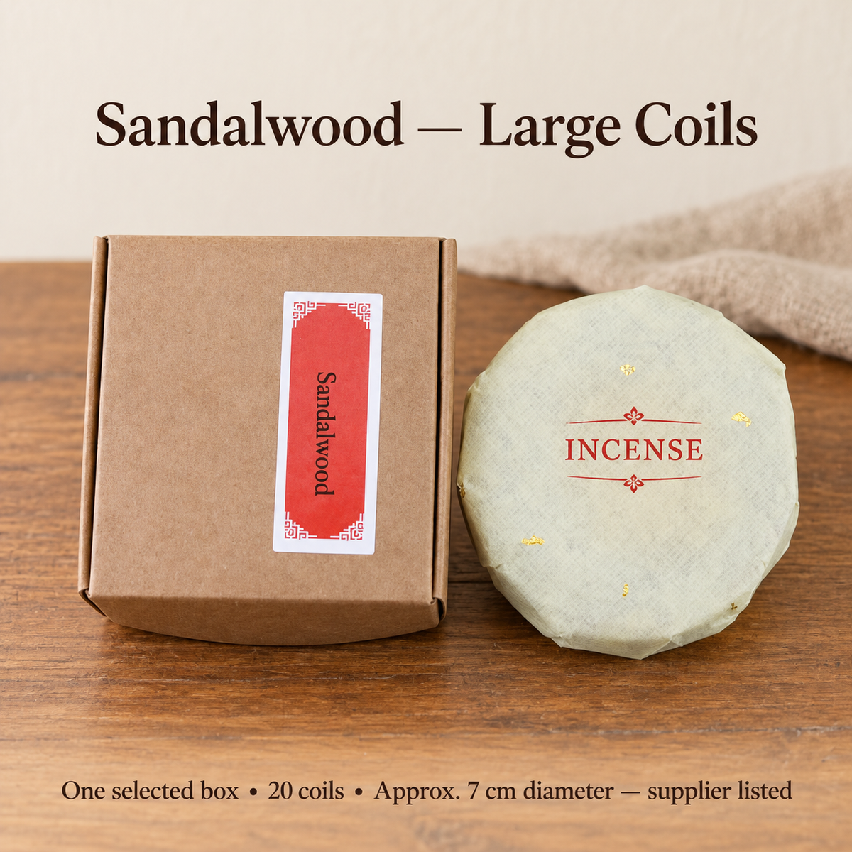 Sandalwood Large20coil selected box; closed outer and paper wrapped inner shown