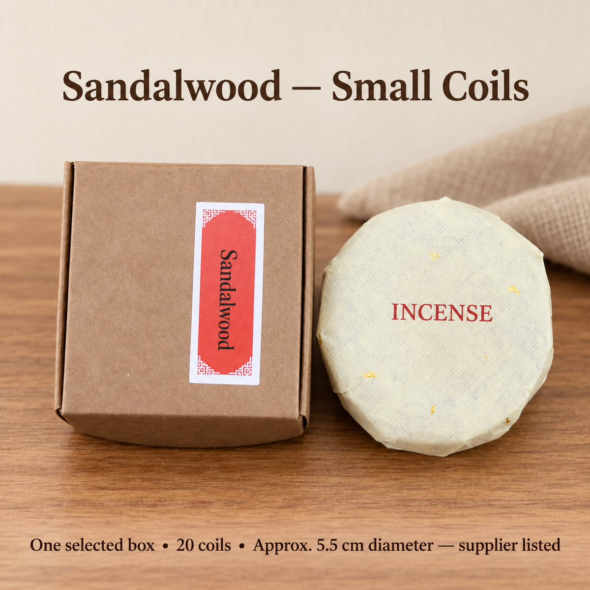 Sandalwood Small20coil selected box; closed outer and paper wrapped inner shown