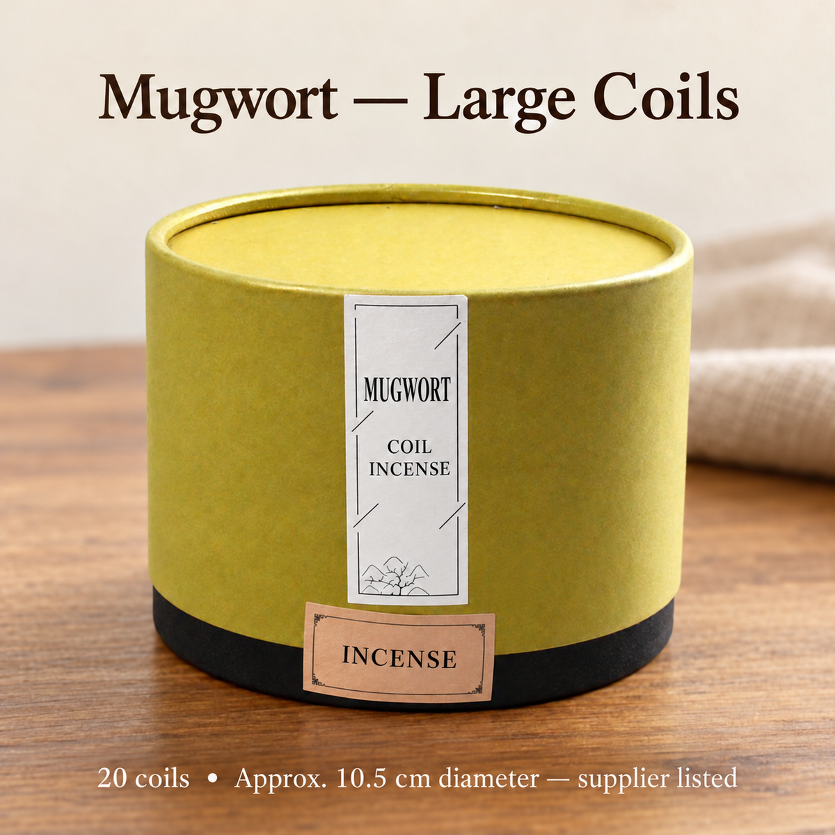Mugwort large coil incense in original gold-and-black canister, 20 coils