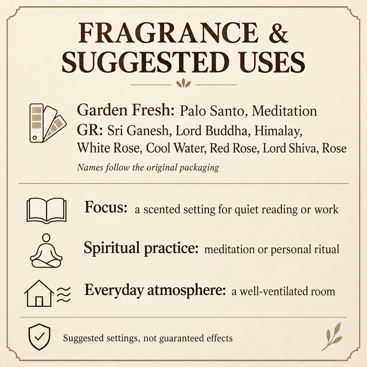 GR & Garden Fresh Incense Sticks — Six-Box Fragrance Cartons — uses